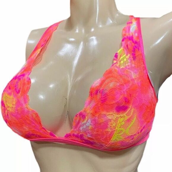 Victoria’s Secret Pink Unlined Plunge Lace Bralette Bra Coral Multicolor Small - Picture 8 of 8